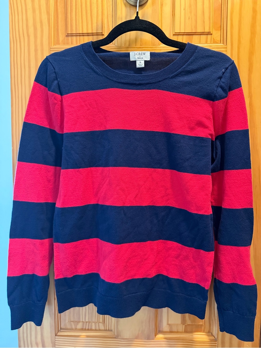 J. Crew Women’s Teddie Crewneck Sweater Navy and Red Stripes